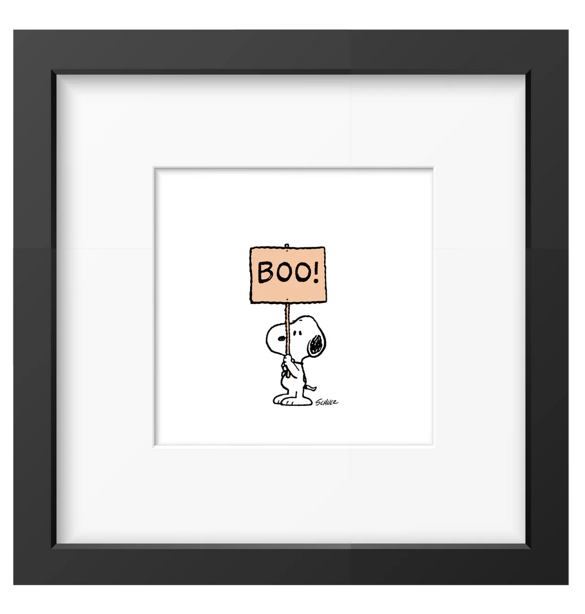 Framed Peanuts print of Snoopy holding a sign saying Boo!