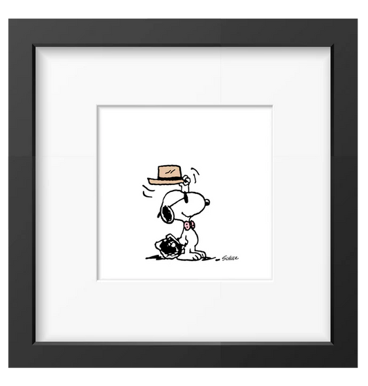 Peanuts framed print: Snoopy doffing a hat, in a black frame
