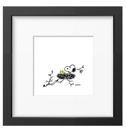 Framed Peanuts print of Woodstock in a nest on a branch