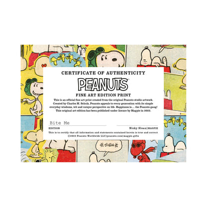 Peanuts certificate of authenticity for the Bite Me fine art print