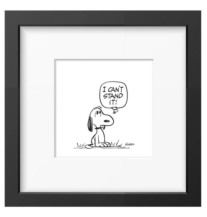 Peanuts framed print: Snoopy shouting 'I can't stand it!', in a black frame