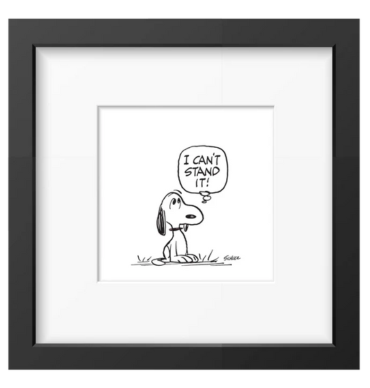 Peanuts framed print: Snoopy shouting 'I can't stand it!', in a black frame