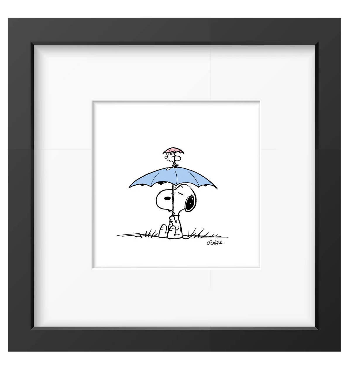 Peanuts framed print: Snoopy and Woodstock under a blue umbrella, in a black frame