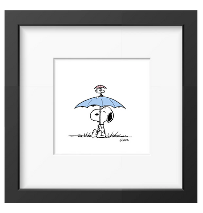 Peanuts framed print: Snoopy and Woodstock under a blue umbrella, in a black frame