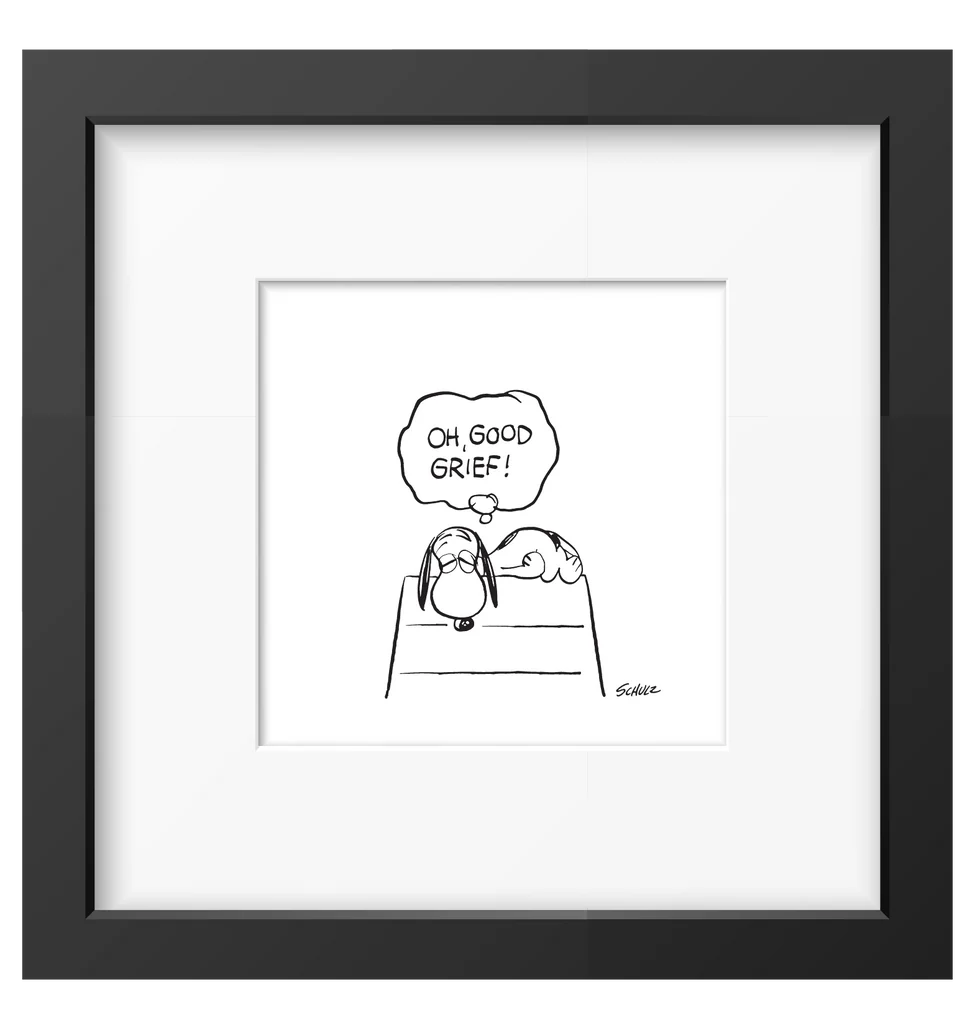 Peanuts framed print: Snoopy on his doghouse thinking 'Oh, good grief!', in a black frame