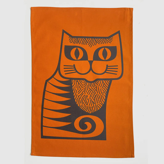 Orange tea towel with a large black folk-style cat