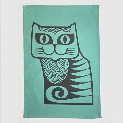 Teal tea towel with a large black folk-style cat