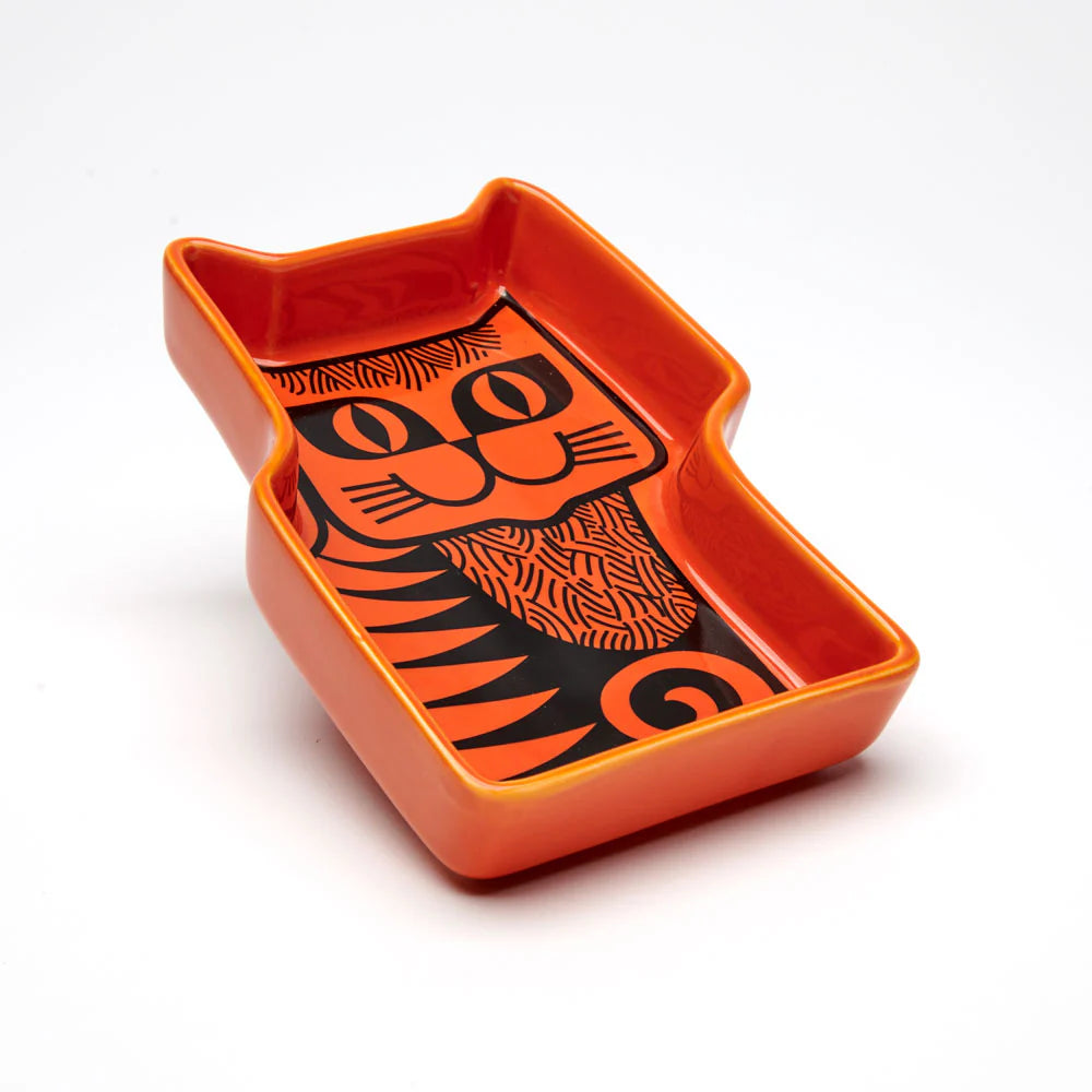 Orange cat-shaped trinket dish with a black cat design
