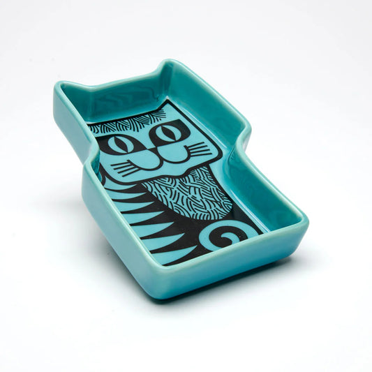 Teal cat-shaped trinket dish with a black cat design