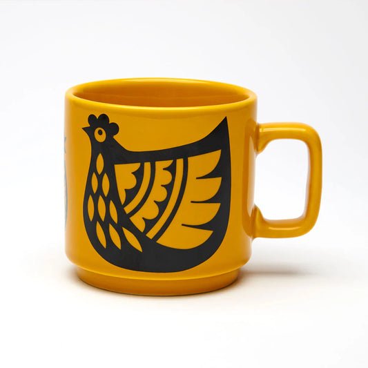 Mustard mug with a black folk-style chicken