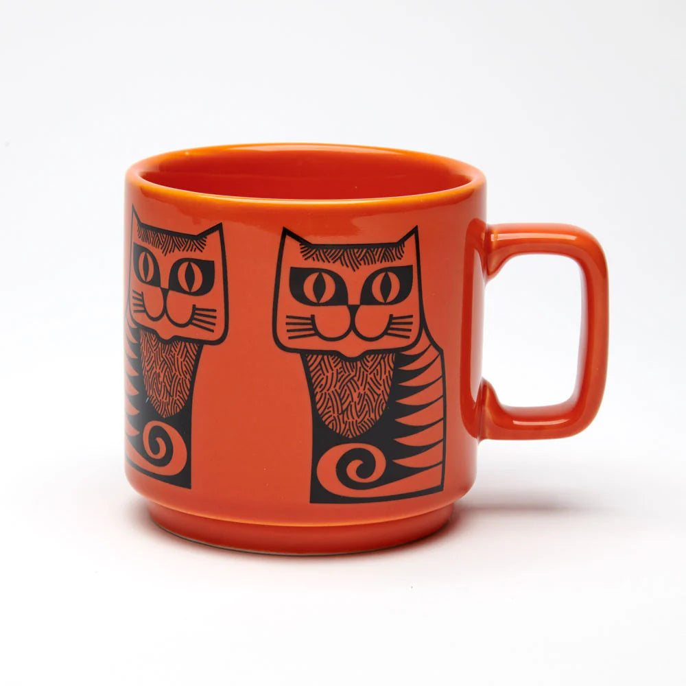 Magpie x Hornsea orange mug with two black stylised cats