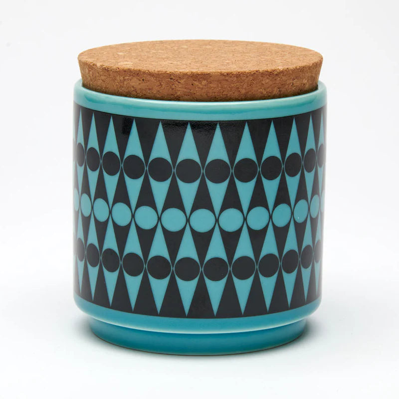 Teal and black backgammon pattern storage jar with a cork lid