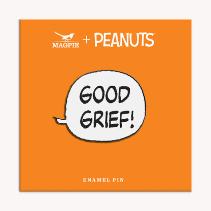 Good Grief pin on its orange Magpie x Peanuts card