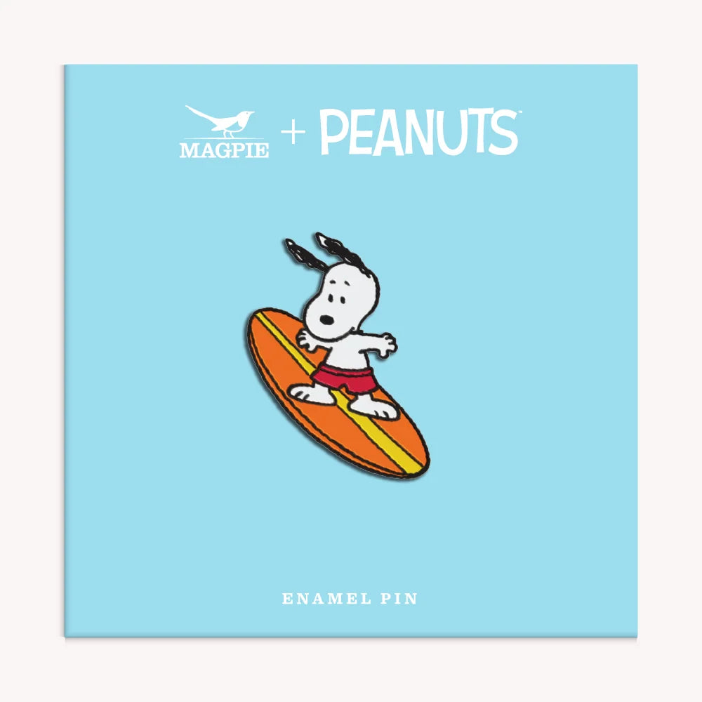 Peanuts surf enamel pin on its blue Magpie x Peanuts card