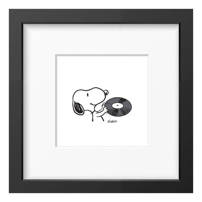 Peanuts framed print: Snoopy holding a vinyl record, in a black frame