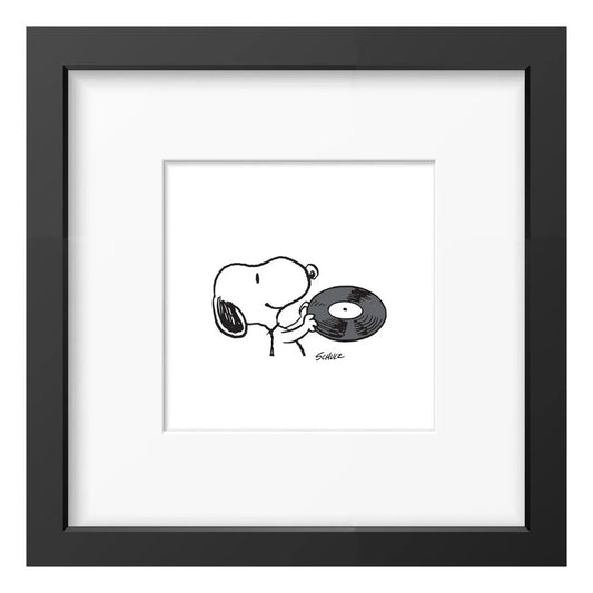 Peanuts framed print: Snoopy holding a vinyl record, in a black frame