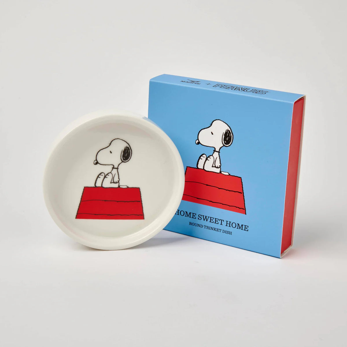 Peanuts Home Sweet Home trinket dish: Snoopy sitting on his red doghouse, with its blue box