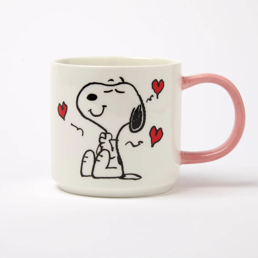 Peanuts I Love You mug: Snoopy with red hearts and a pink handle