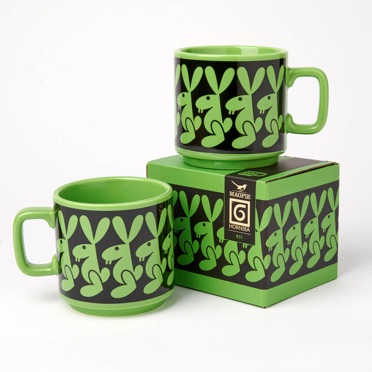Two green rabbit mugs with their gift box
