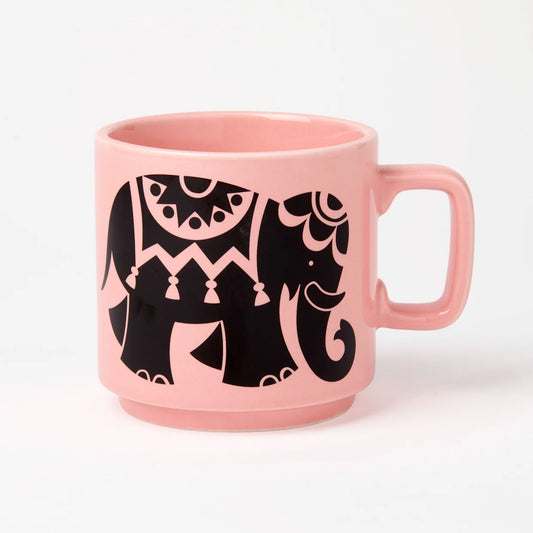 Magpie x Hornsea pink mug with a black patterned elephant