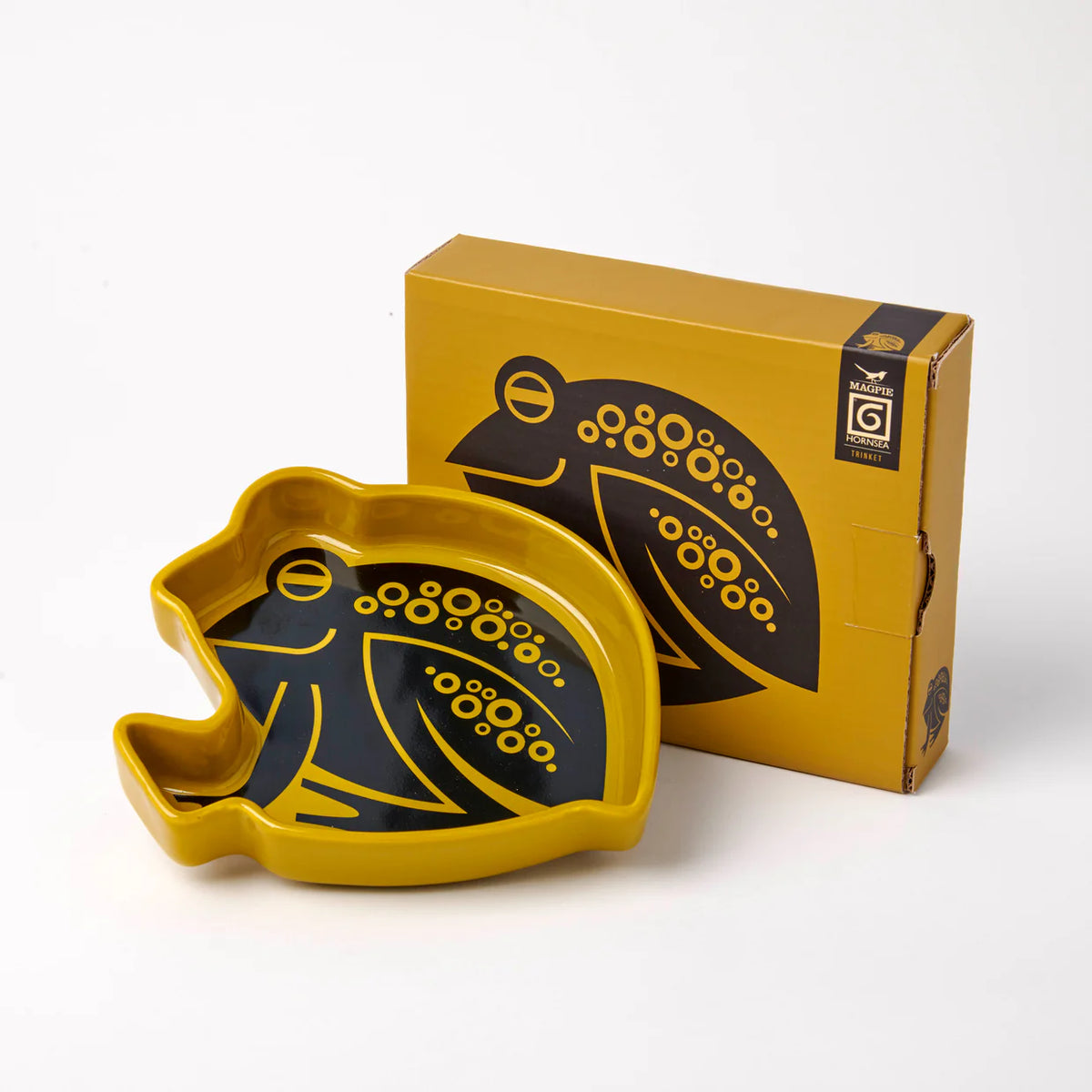 Magpie x Hornsea yellow frog-shaped trinket tray beside its box