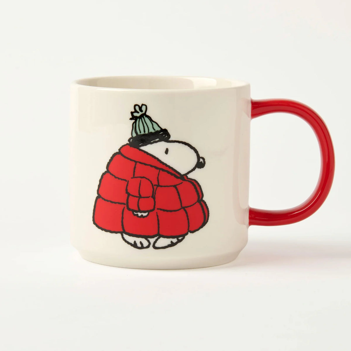 Peanuts Cosy Vibes mug: Snoopy in a red puffer coat and bobble hat, with a red handle
