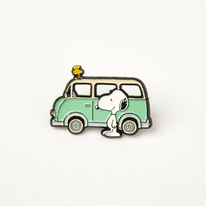 Peanuts Happy Camper enamel pin: Snoopy and Woodstock with a mint green camper van