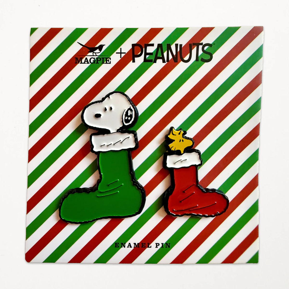 Christmas stocking pins on their striped Magpie x Peanuts card