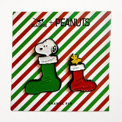 Christmas stocking pins on their striped Magpie x Peanuts card