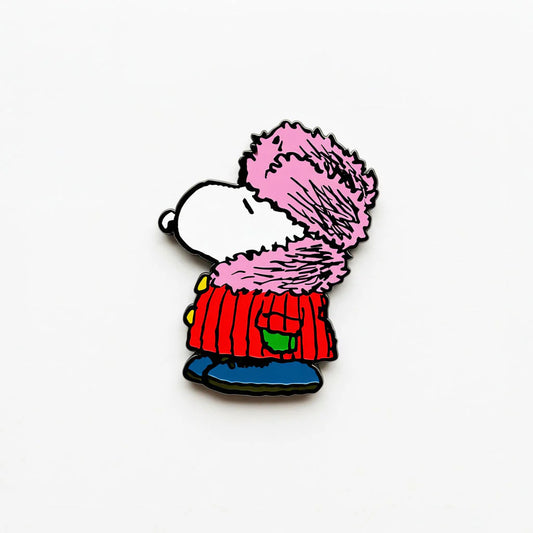 Peanuts Fashionista enamel pin: Snoopy in a pink furry hat and red coat