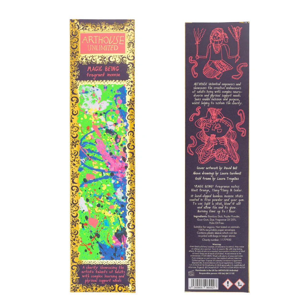 Front and back of the Magic Being incense box