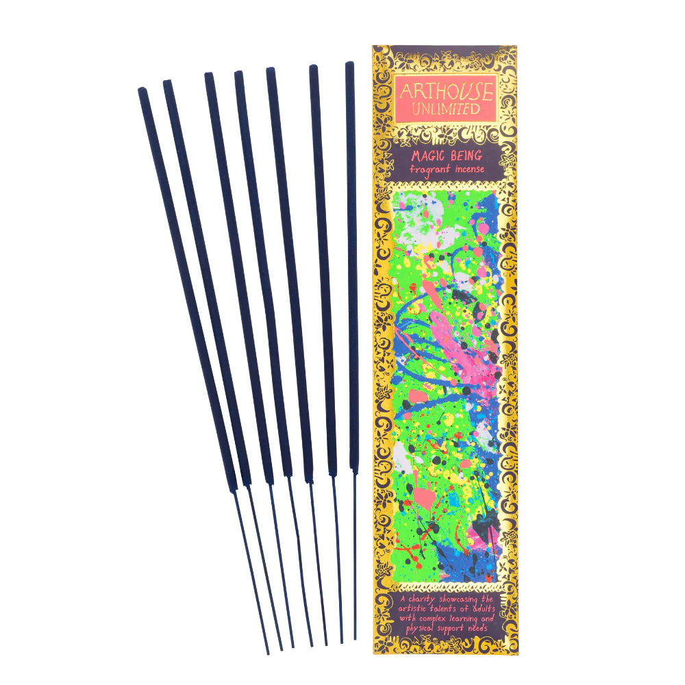 Arthouse Unlimited Magic Being incense sticks beside their green and pink box