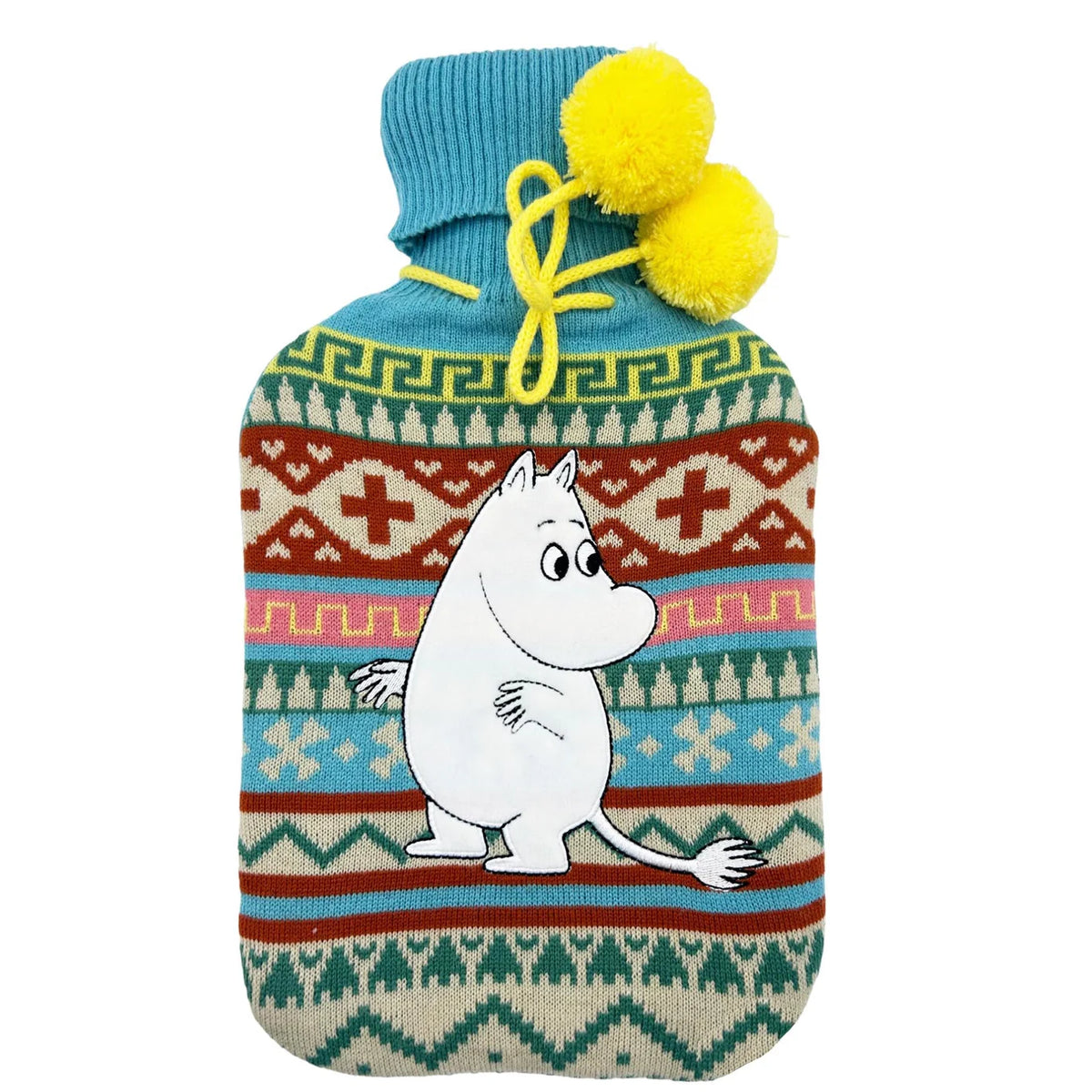 Knitted Fair Isle hot water bottle cover in teal, orange and cream with Moomintroll and yellow pompoms