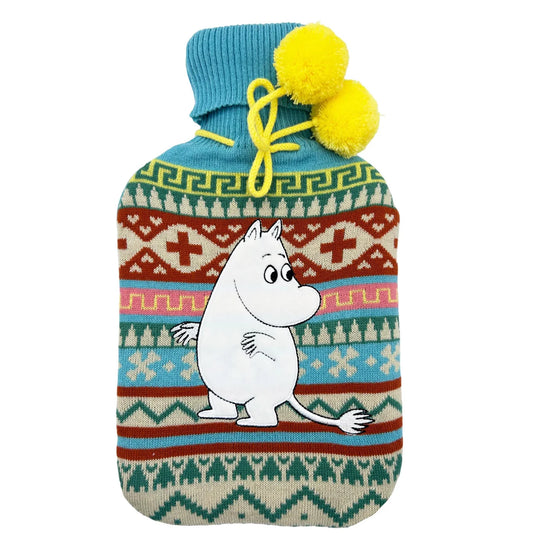 Knitted Fair Isle hot water bottle cover in teal, orange and cream with Moomintroll and yellow pompoms