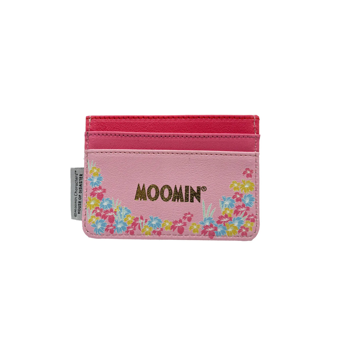 Back of the Little My card holder with a gold Moomin logo and flowers