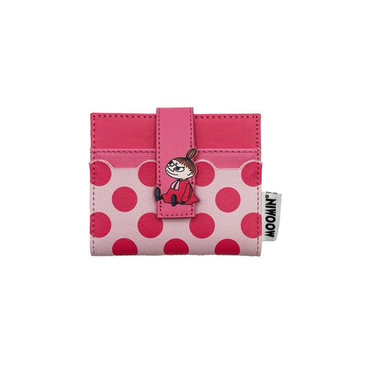 Pink Moomin Little My wallet with red polka dots and a snap tab