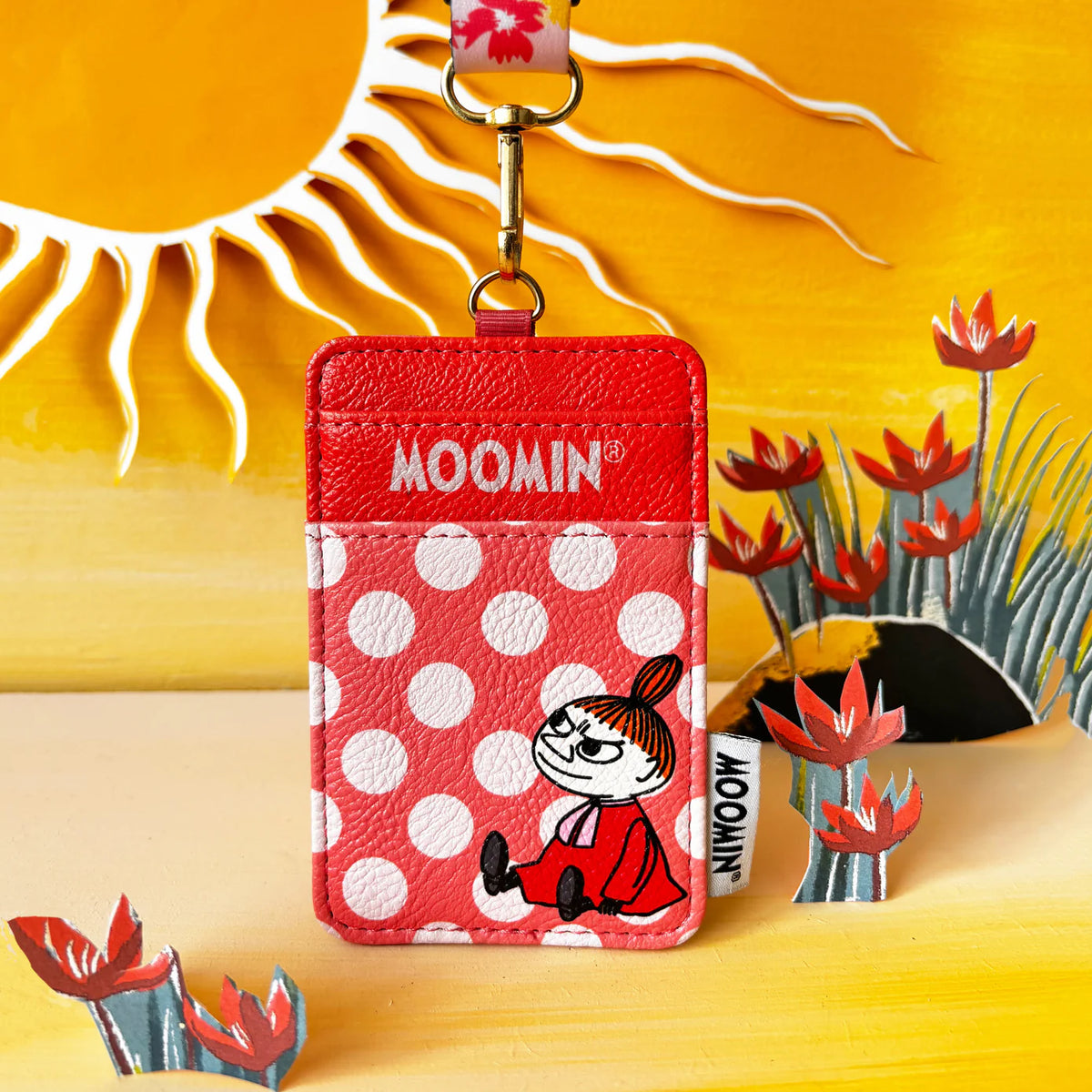Little My lanyard card holder in red with white polka dots