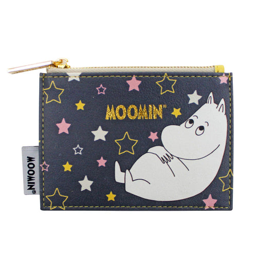Grey Moomin zip coin purse with Moomintroll lying among stars