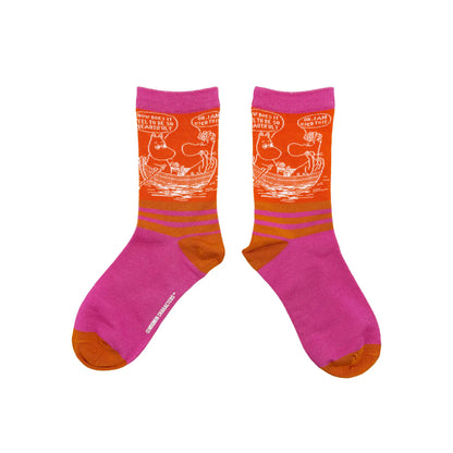 Moomin 'Beautiful' socks in orange and pink with Moomins in a boat