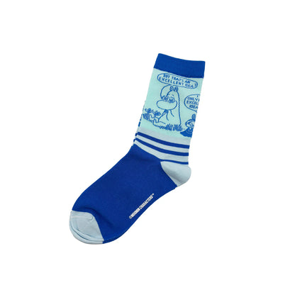 Moomin 'Excellent idea' socks in pale blue and royal blue with Moomintroll and a speech bubble