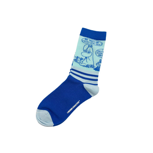Moomin 'Excellent idea' socks in pale blue and royal blue with Moomintroll and a speech bubble