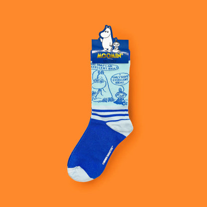 Moomin Excellent Idea socks on their card