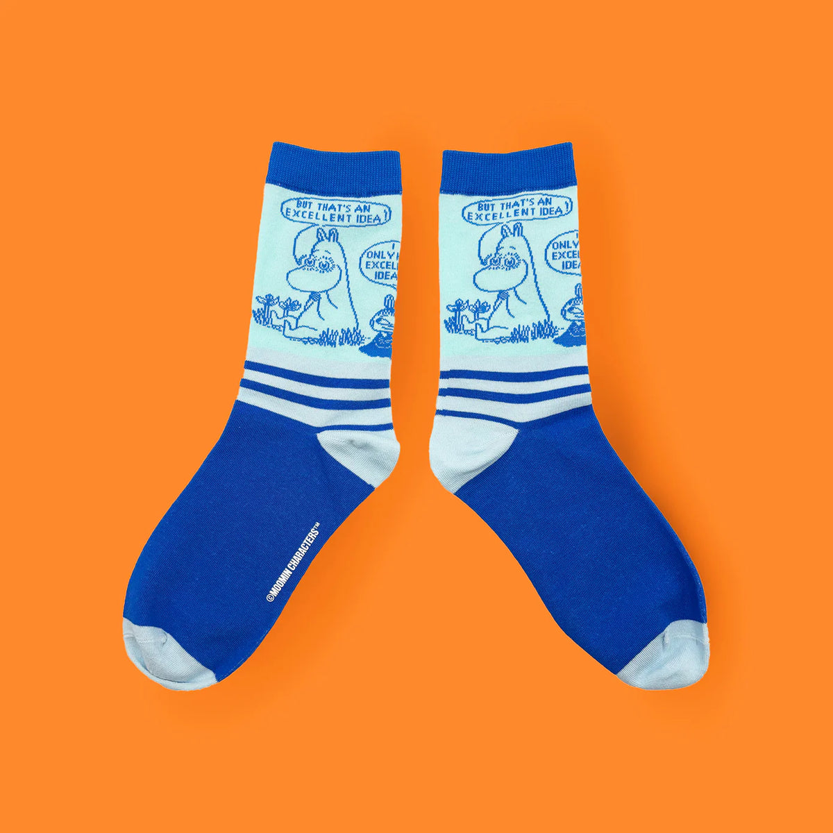 Pair of Moomin Excellent Idea socks on orange