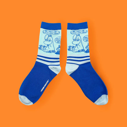 Pair of Moomin Excellent Idea socks on orange