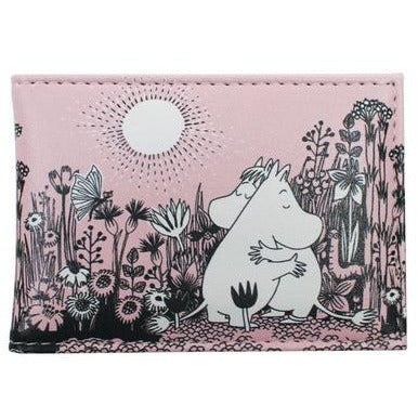 Pink Moomin Love travel pass holder with Moomins hugging among black and white flowers