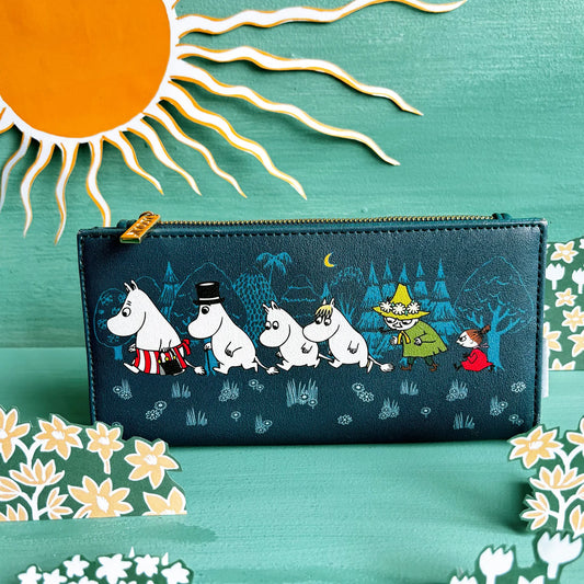 Teal Moomin purse with the Moomins walking through a night forest