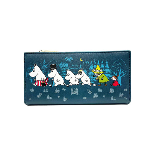 Moomin Blue Forest wallet: the Moomins walking through a dark blue forest