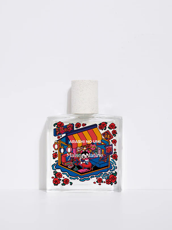 Maison Matine Arashi no Umi perfume, 50ml, in a square bottle with a colourful illustrated label