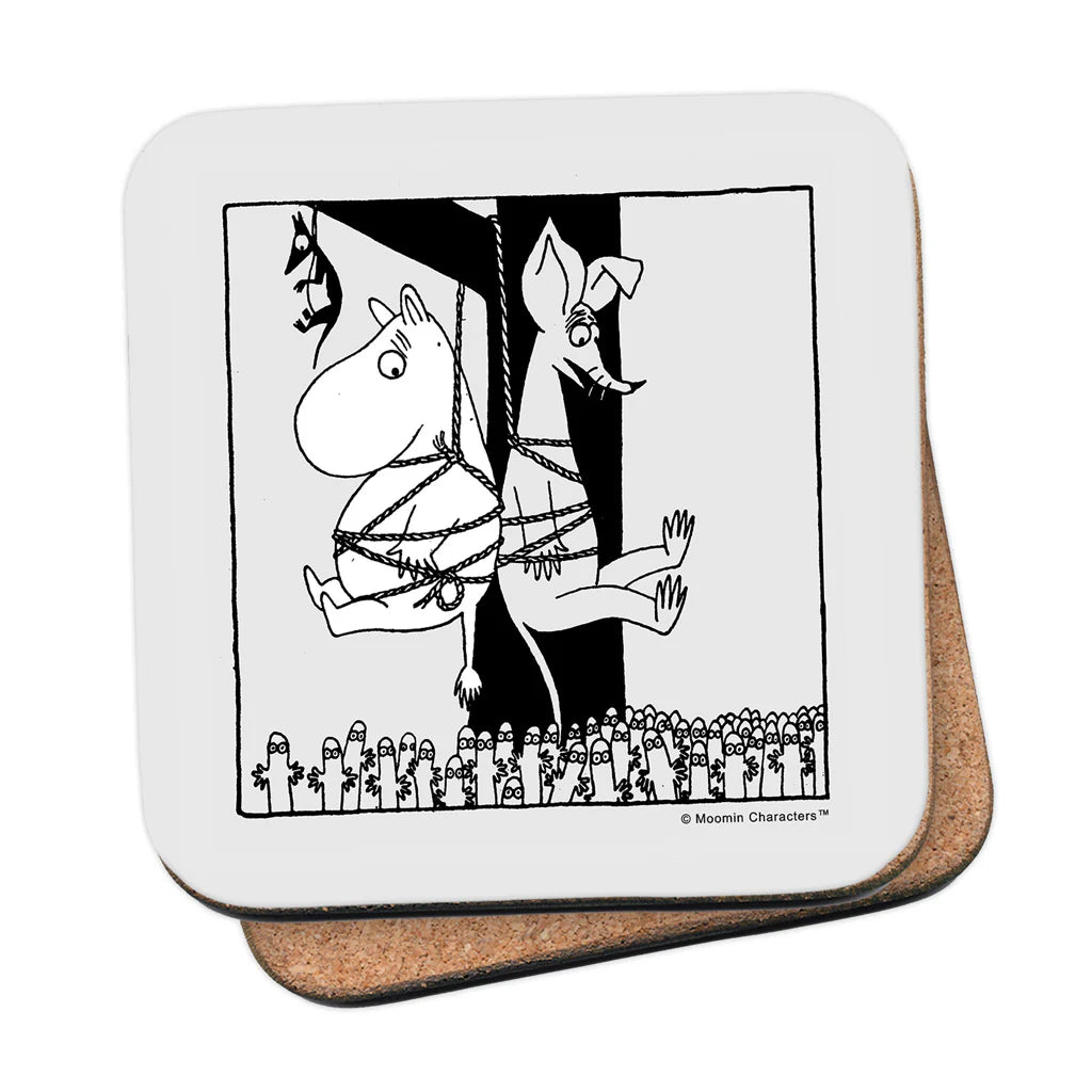Moomin coaster: Moomintroll tangled in a tree with Hattifatteners below