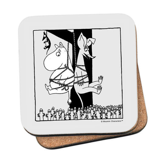 Moomin coaster: Moomintroll tangled in a tree with Hattifatteners below
